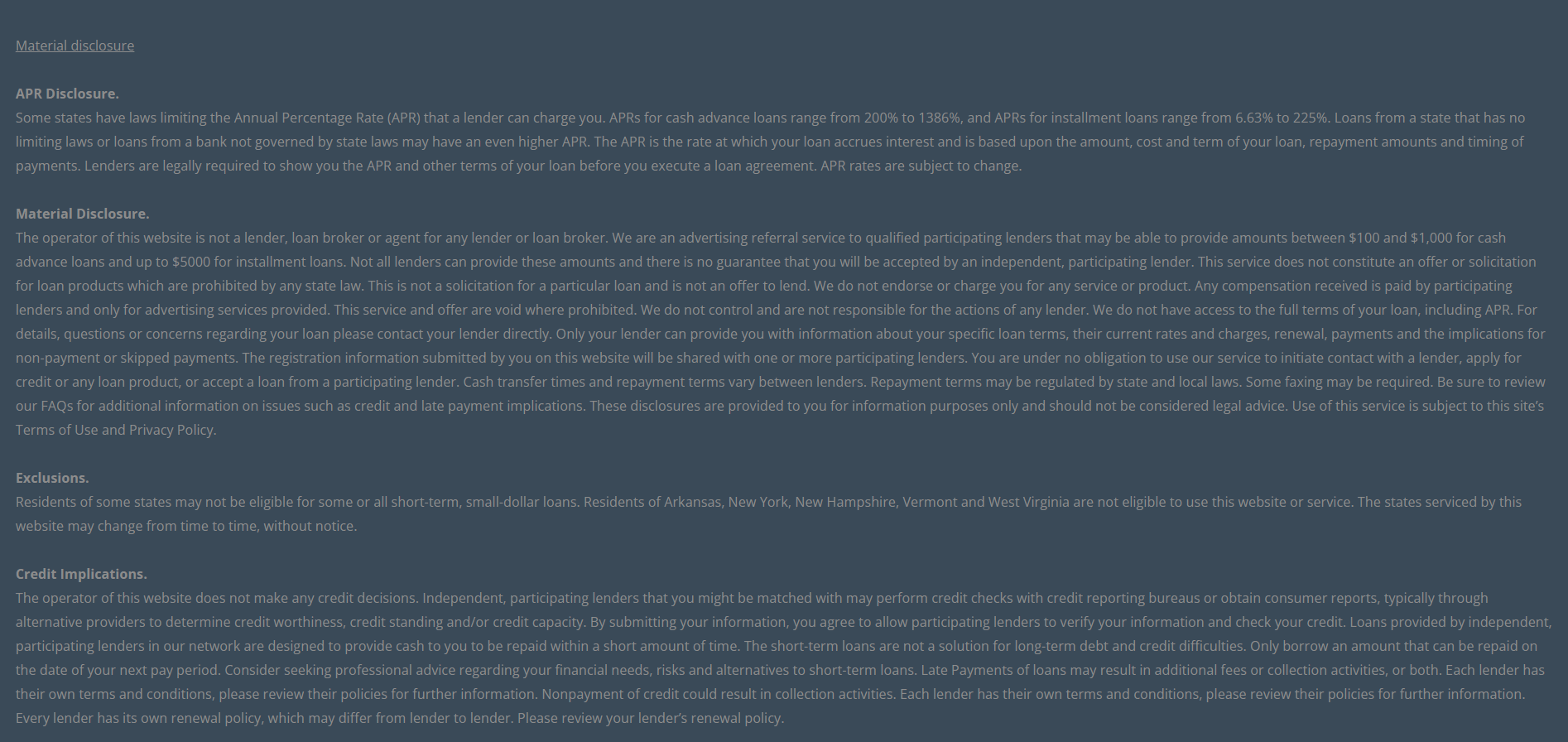 Material disclosure for payday loans in Lynchburg Virginia